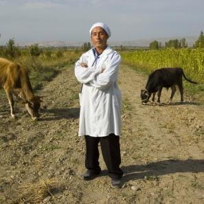 Man standing in farm field with livestock