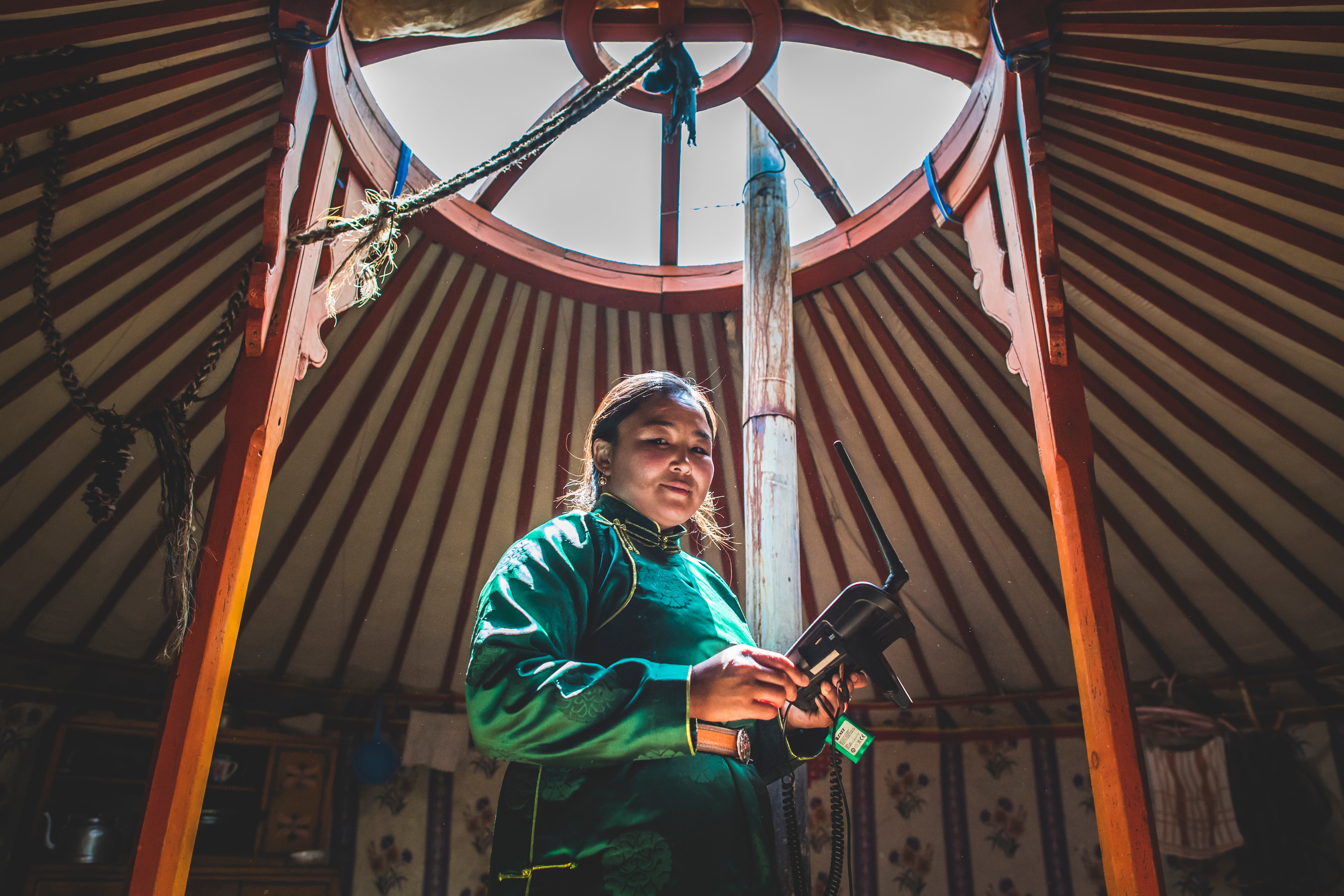 woman in Mongolia with a drone