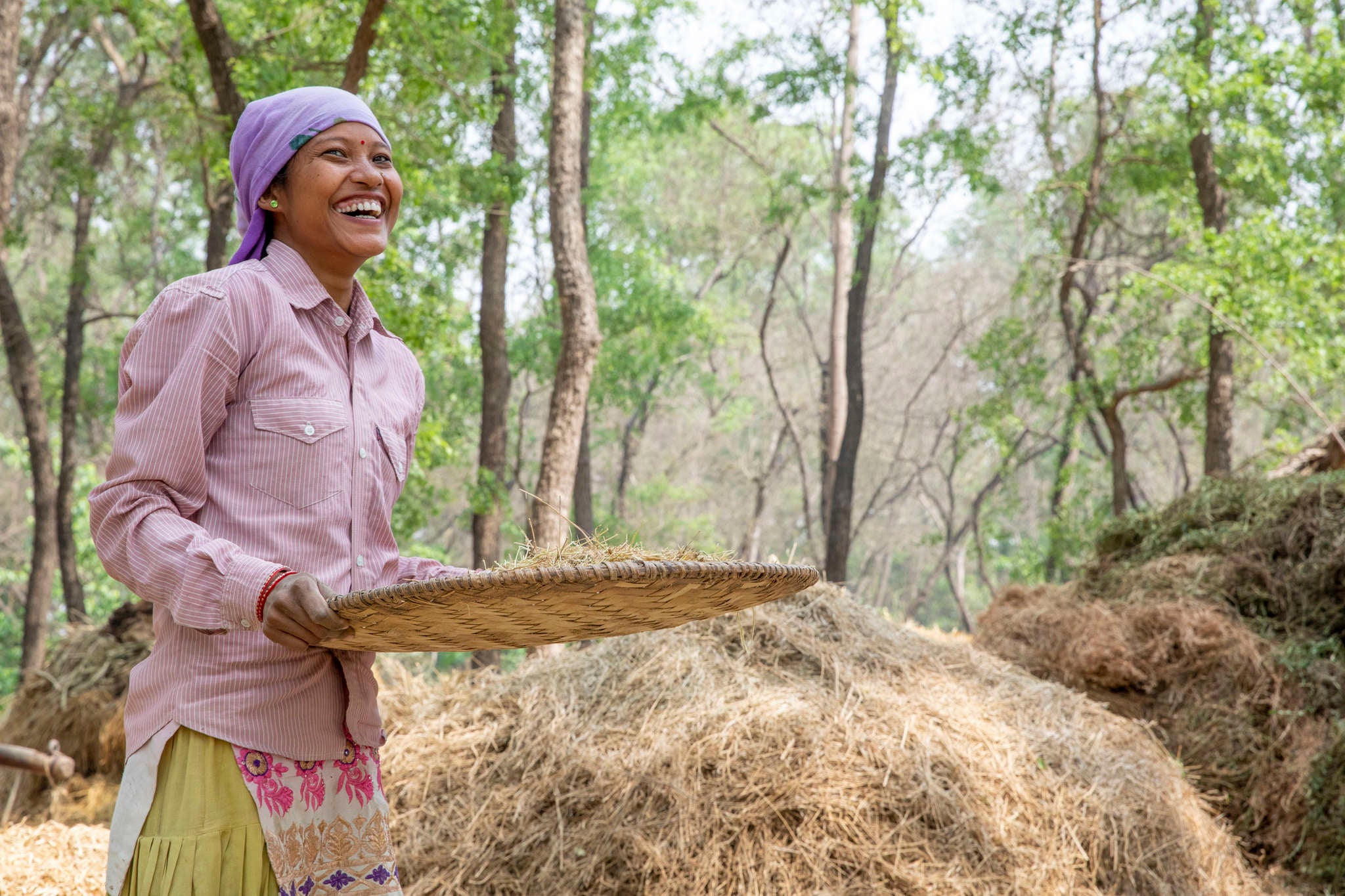 A person separating lentils from chaff.