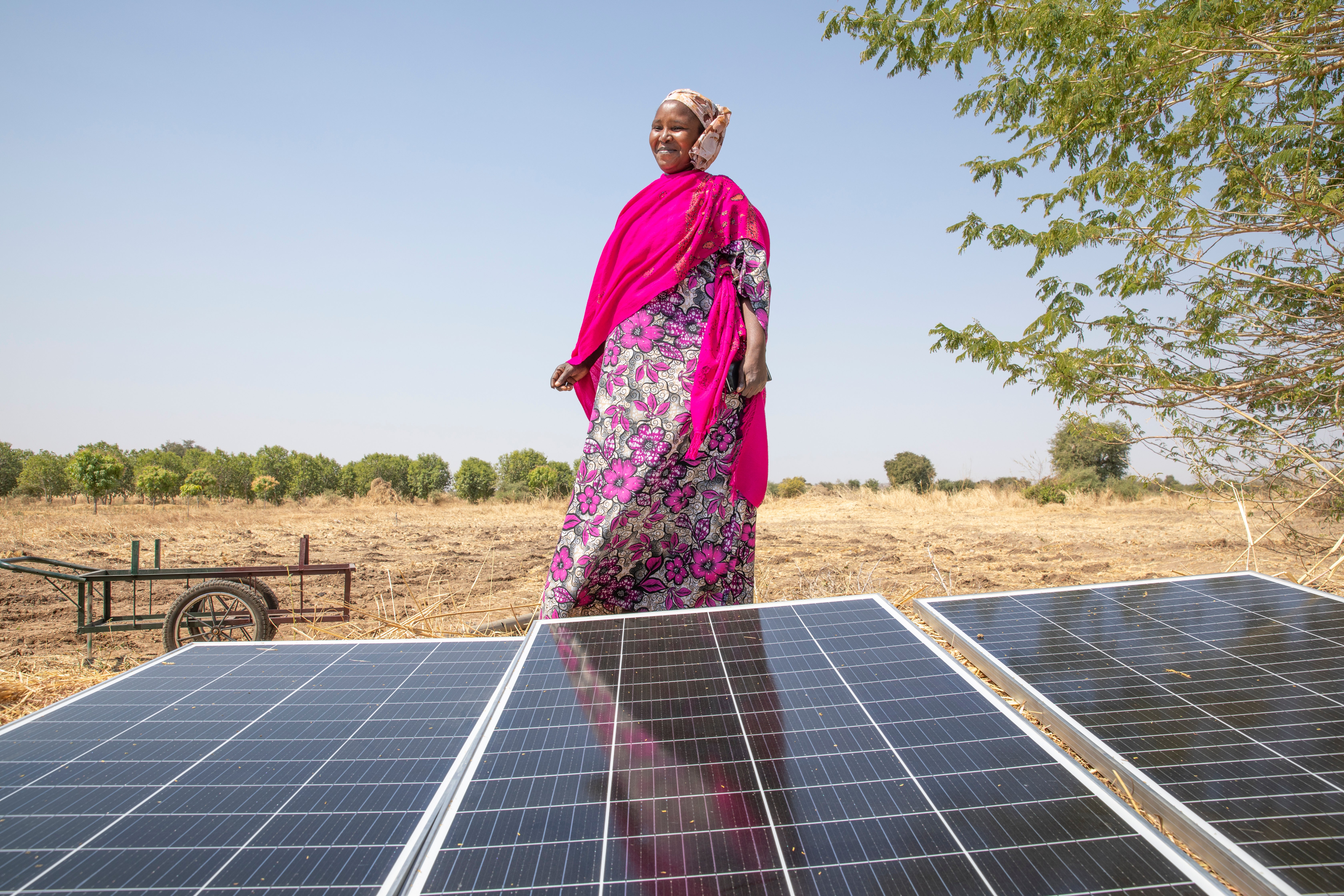 Nigerian woman standing behind a solar panel.