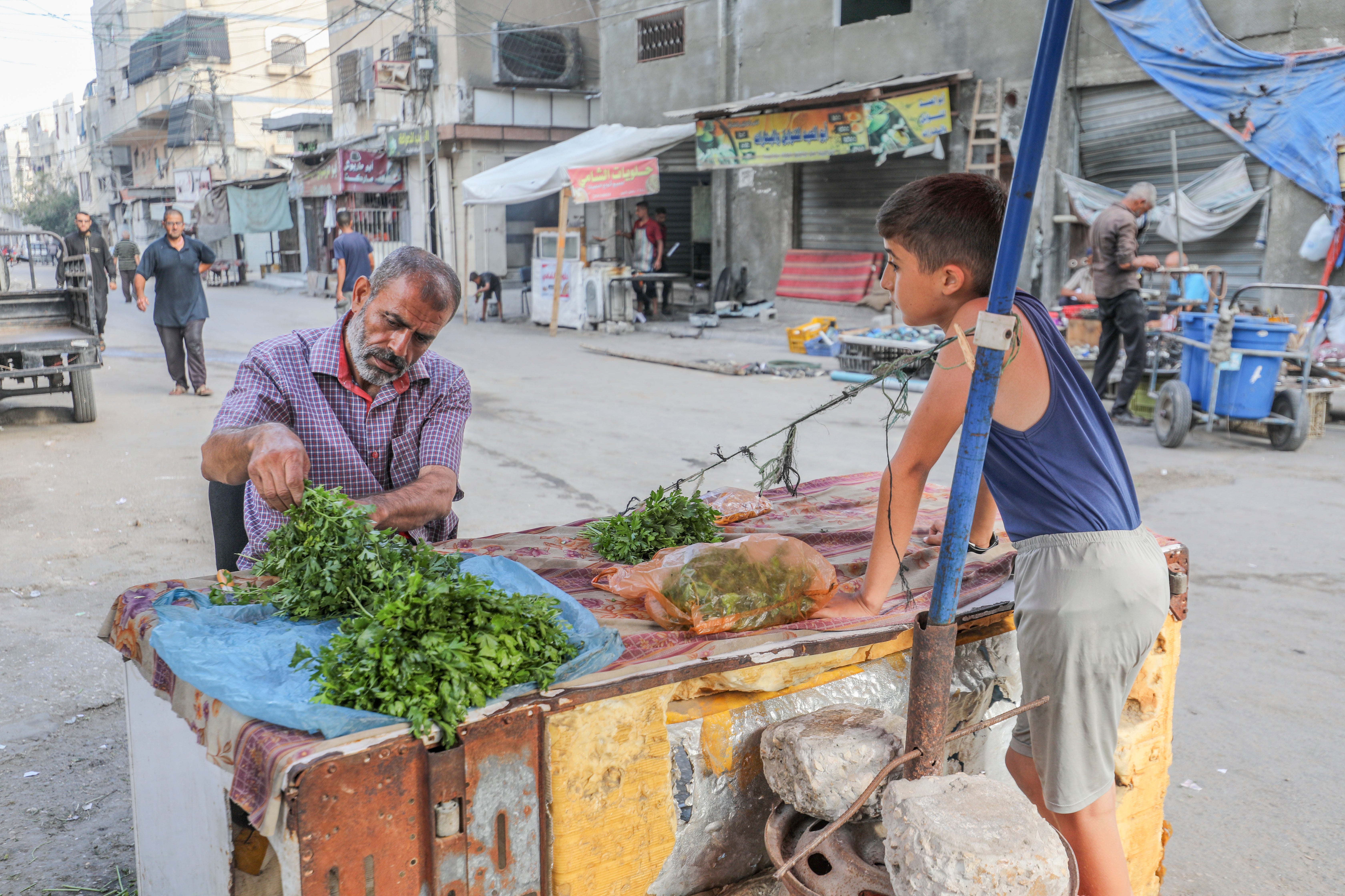 Palestinian street vendors prepares herbs to be sold as child looks on.