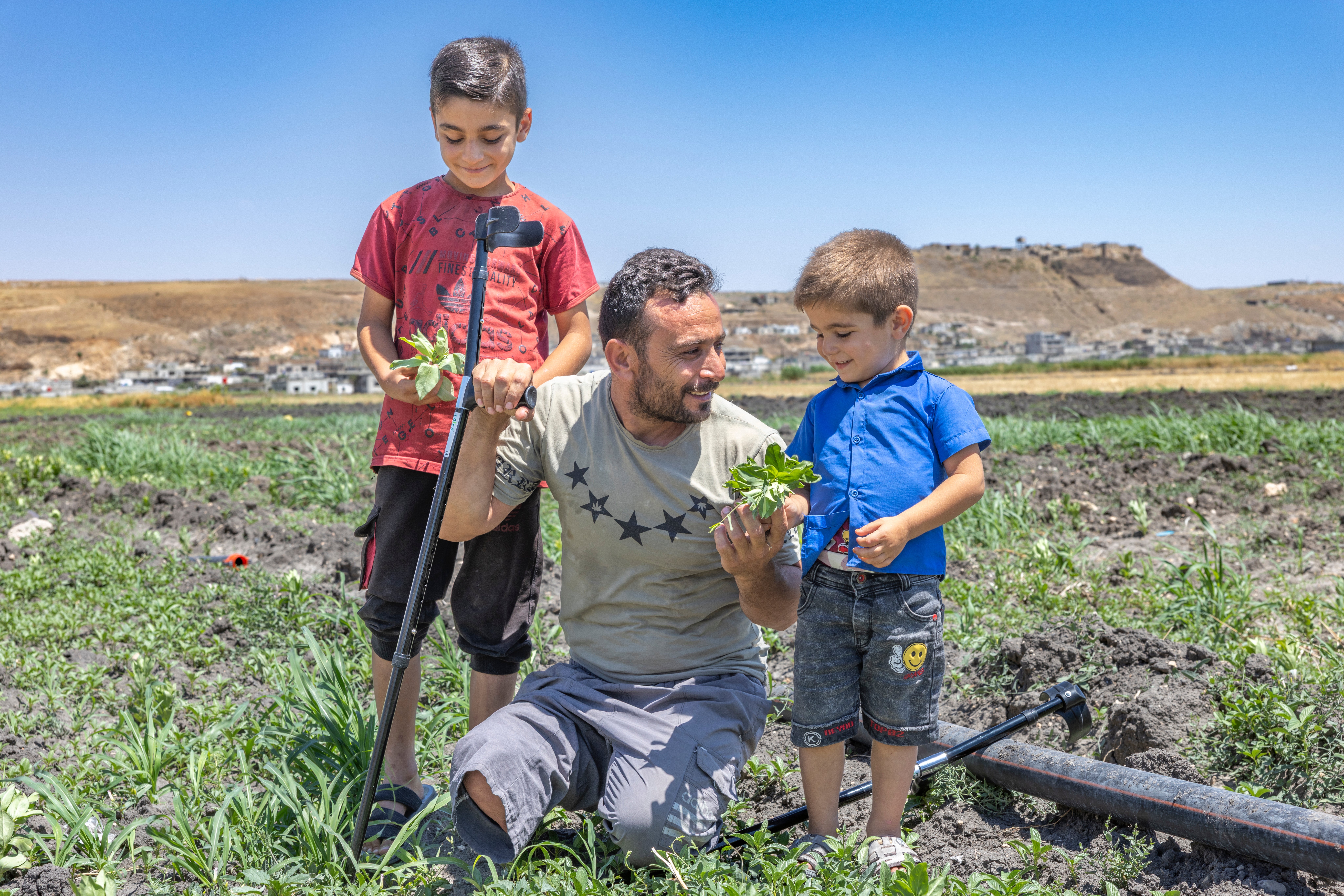 Father and sons engaging and smiling in the middle of their farm.