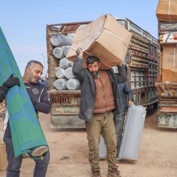 After the 2023 earthquake, prosper global distributed kits for families at camps for displaced people in northwest syria. the kits included mattresses, blankets, solar lamps, rugs, and more.