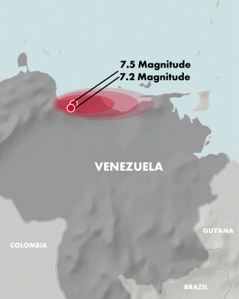 Graphical map of venezuela and the two earthquakes' locations in june 2026.