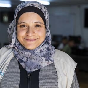 Woman with purple scarf