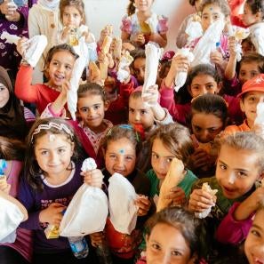 Students at habbouch public school in lebanon get ready for lunchtime. they received healthy bag lunches through our lunch delivery program, which helped fight hunger in lebanese schools that serve refugee and low-income children. photo: corinna robbins/prosper global