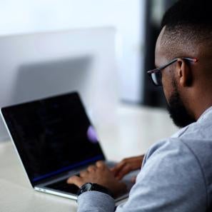 A person sits at a laptop computer.